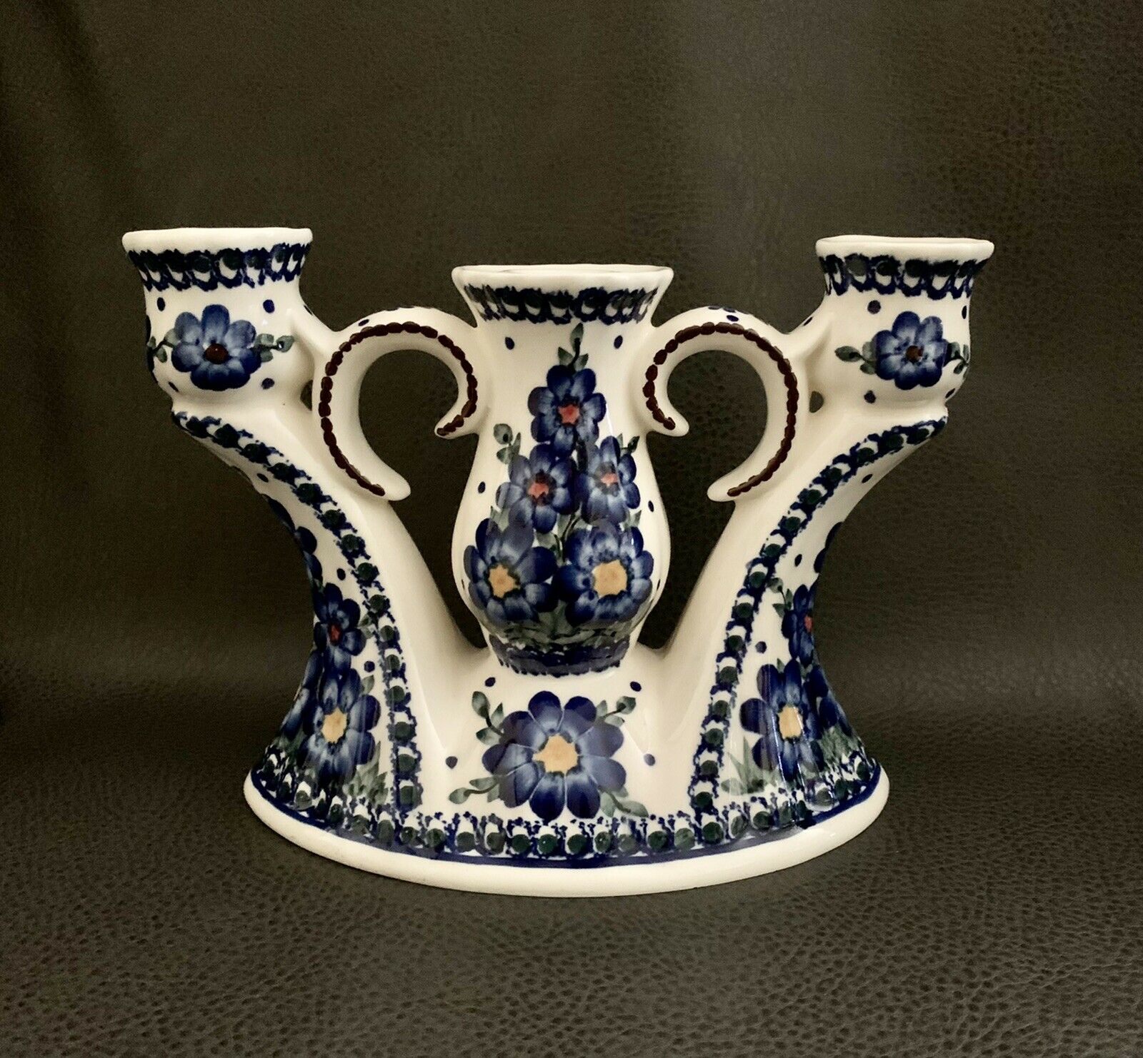 Bolelawiec Unikat Poland Pottery Flower Triple Candle Holder Cobalt Blue