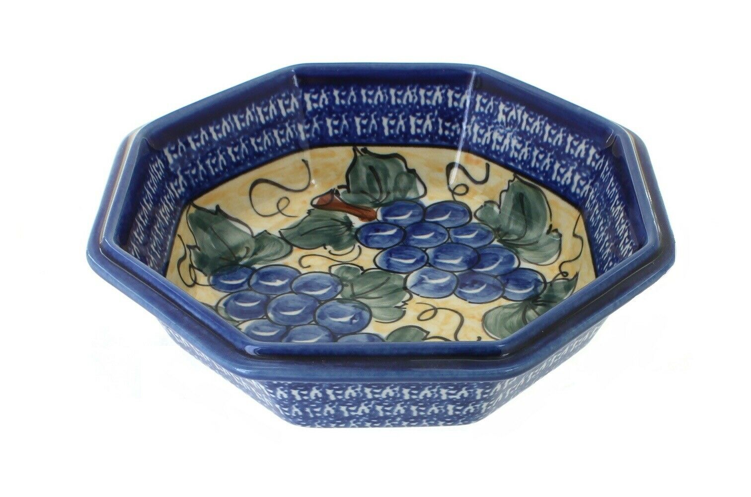 Blue Rose Polish Pottery Grapes Large Octagonal Bowl