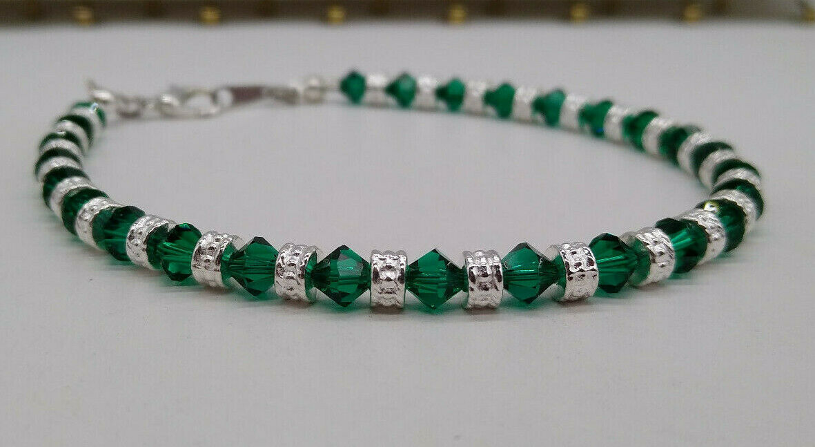 Swarovski Crystal Emerald Bicone & Silver Rondel Beaded Anklet Or Bracelet